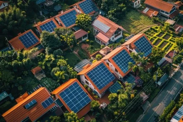 Einfamilienhaussiedlung mit PV-D&auml;chern von oben.