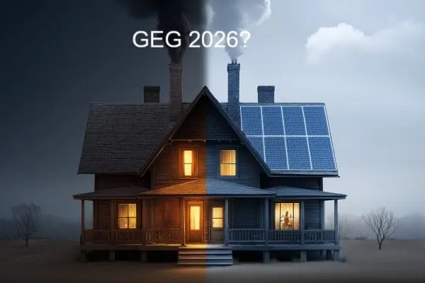 Grafik geteiltes Bild unsaniertes (dunkel)/saniertes Haus (hell mit PV-Modulen und Schriftzug "GEG 2026?"