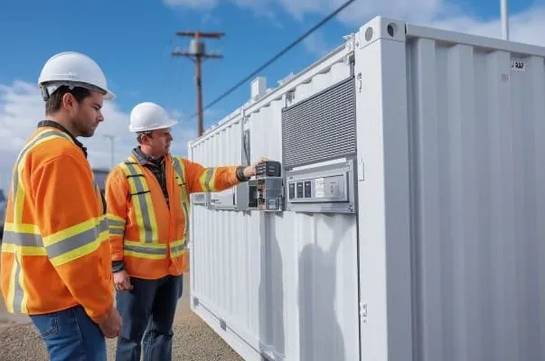 Zwei Installateure mit orangen Arbeitsjacken vor Großspeicher