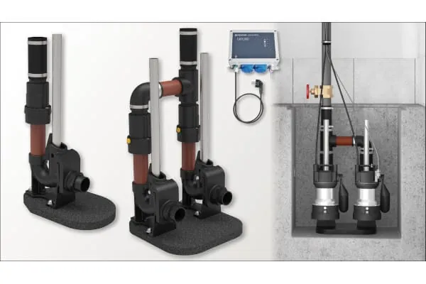 Steckerfertige Easyfix 50 Einbausets (Duo inklusive EasyLogo-Steuerung) für 1½- und 2-Zoll-Pumpen. Hier im Beispiel der Easyfix 50 Duo bestückt mit US 75-Pumpen (Pumpen nicht im Lieferumfang). Perfekt für enge Schächte (Platzbedarf Grundfläche: Single 600 x 300 mm, Duo 600 × 600 mm).