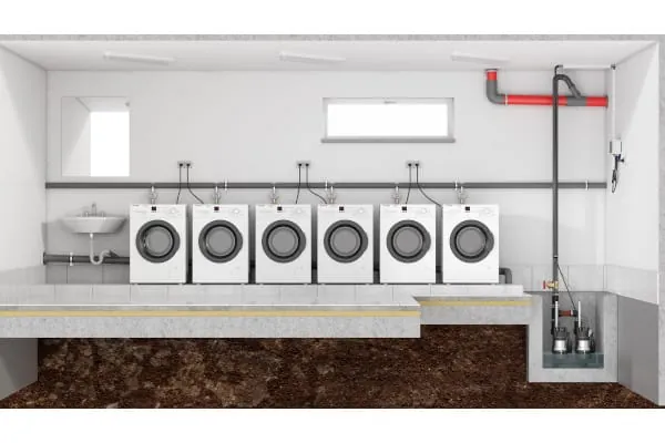 Rückstausichere Entwässerung eines Waschkellers mit dem Easyfix 50 Duo. Die zugehörige Steuerung EasyLogo (rechts an der Wand) steuert das Zusammenspiel beider Pumpen.