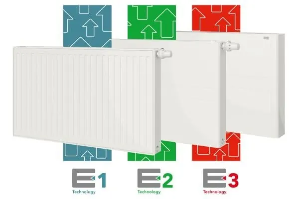 Drei weiße Heizkörper mit integriertem Lüfter