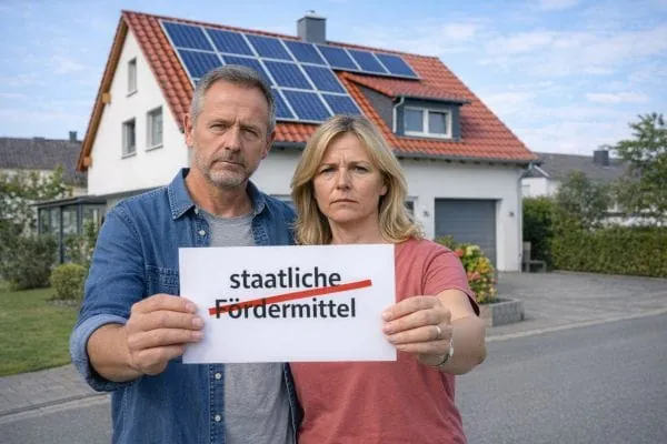 Symbolbild: Ehepaar vor ihrem Einfamilienhaus mit PV-Anlage halten Zettel in der Hand. Darauf ist staatliche F&ouml;rderung durchgestrichen.