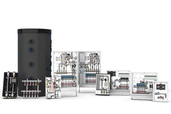 Produktportfolio strawa W&auml;rmetechnik mit Frischwasserstationen, Wohnungsstation und Warmwasserspeicher sowie Fu&szlig;bodenheizungsverteilerschr&auml;nken