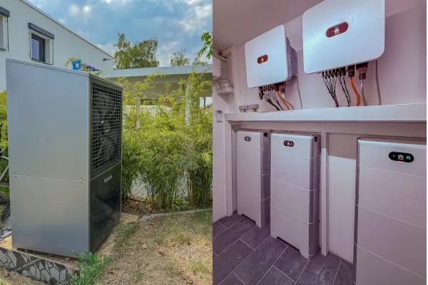 Die Wärmepumpe liefert die notwendigen 45 °C Vorlauftemperatur. Zudem können 60 kWh des selbst erzeugten Stroms zwischengespeichert werden.