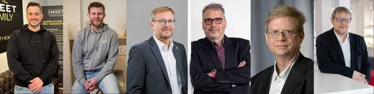 Die diesjährige Fachjury zum „Best of SHK Awards für das Handwerk“: Lino Ferda und Lukas Kopp, selbst SHK/E-Unternehmer und Geschäftsführer sowie Gewinnern des Si-Awards im Vorjahr. Sie vertreten zugleich die bisherigen Best of SHK Award Gewinner. Rechtsanwalt Peter Schlüter, Geschäftsführer Recht beim Fachverband SHK Nordrein-Westfahlen. Holger Siegel, Marketingspezialist, SHK-Unternehmensberater und Geschäftsführer der Agentur id pool, früherer Si-Chefredakteur und Initiator dieses Branchenpreises. Stellvertretender Si-Chefredakteur Marcus Lauster und Si-Chefredakteur sowie Vorsitzender der Fachjury Maximilian Döller (v. l.).