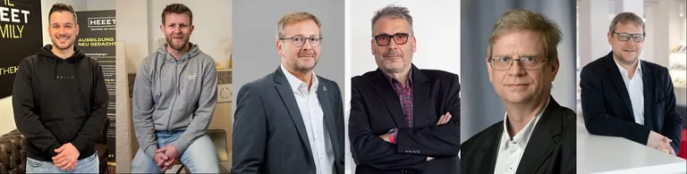 Die diesj&auml;hrige Fachjury zum &bdquo;Best of SHK Awards f&uuml;r das Handwerk&ldquo;: Lino Ferda und Lukas Kopp, selbst SHK/E-Unternehmer und Gesch&auml;ftsf&uuml;hrer sowie Gewinnern des Si-Awards im Vorjahr. Sie vertreten zugleich die bisherigen Best of SHK Award Gewinner. Rechtsanwalt Peter Schl&uuml;ter, Gesch&auml;ftsf&uuml;hrer Recht beim Fachverband SHK Nordrein-Westfahlen. Holger Siegel, Marketingspezialist, SHK-Unternehmensberater und Gesch&auml;ftsf&uuml;hrer der Agentur id pool, fr&uuml;herer Si-Chefredakteur und Initiator dieses Branchenpreises. Stellvertretender Si-Chefredakteur Marcus Lauster und Si-Chefredakteur sowie Vorsitzender der Fachjury Maximilian D&ouml;ller (v. l.).