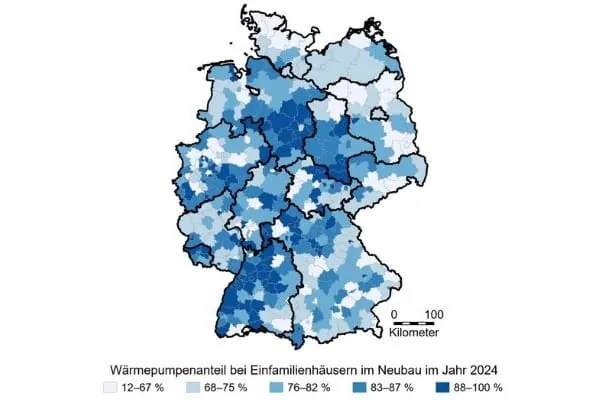 Deutschlandkarte mit eingezeichneten Gebieten Neubau mit W&auml;rmepumpe