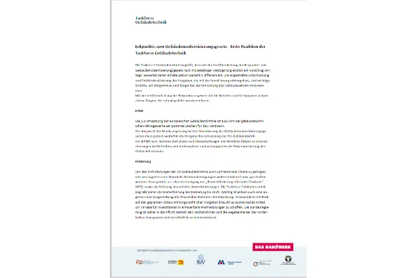 Die Taskforce Geb&auml;udetechnik sieht die 1:1-Umsetzung der europ&auml;ischen Geb&auml;uderichtlinie in ihrem Positionspapier als bedeutenden Fortschritt f&uuml;r das Handwerk. 