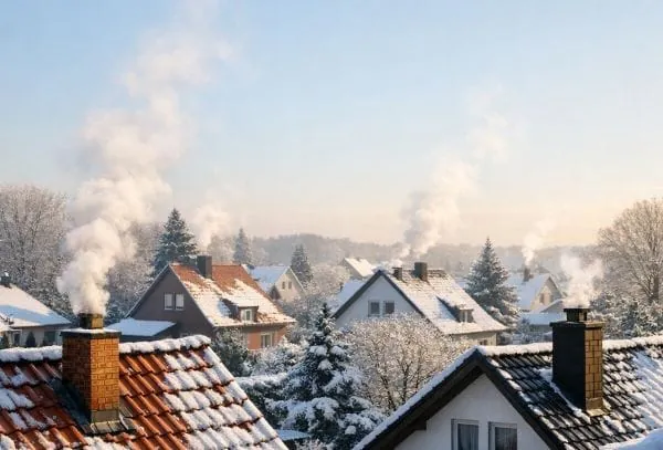 Symbolbild f&uuml;r Emissionen aus Heizungen: Rauchende Schornsteine im Winter