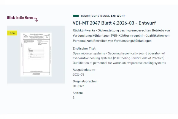 VDI-MT 2047 Blatt 4 bietet 4 dem Betreiber von Verdunstungsk&uuml;hlanlagen eine systematische M&ouml;glichkeit zur Qualifikation von Personal.