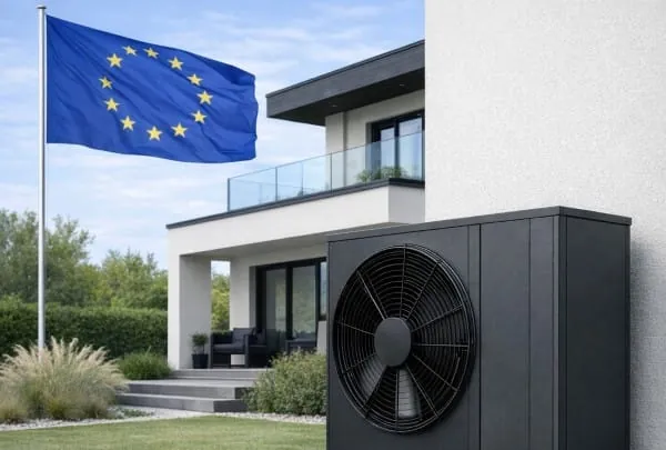 Symbolbild: Monoblock-W&auml;rmepumpe vor modernen Einfamilienhaus. Im Hintergrund weht eine EU-Flagge