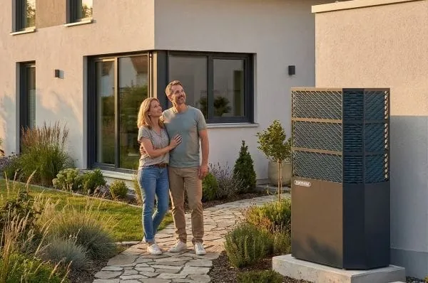 Paar vor Einfamilienhaus . Vor dem Nebengebäude steht Wärmepumpe