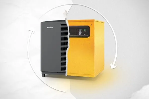 Symbol-Bild mit alter und neuer W&auml;rmepumpe, aufgeteilt in zwei Ger&auml;ten in einem