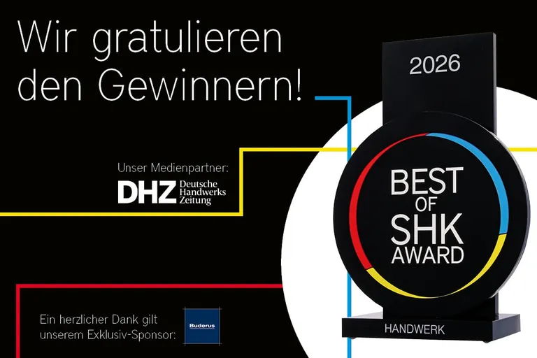 Gratulation an die Gewinner des "Best of SHK Award" 2026 in der Kategorie Handwerk. Dank gilt dem Exklusiv-Sponsor Buderus und der DHZ.