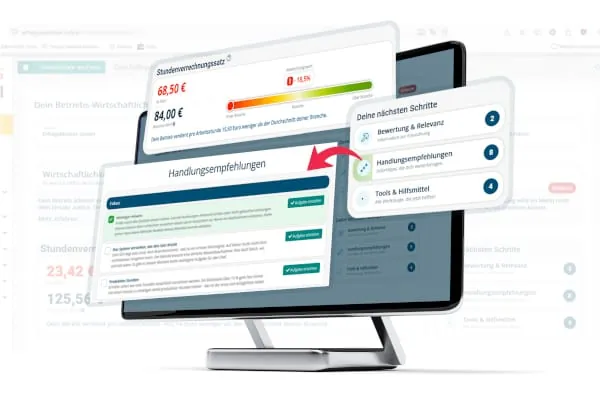 Der Betriebs-Check der ErfolgsMeisterei GmbH ist bewusst einfach gehalten: BWA hochladen, Ergebnis sofort sehen, Branchenvergleich verstehen und konkrete Handlungsempfehlungen erhalten – ohne betriebswirtschaftliche Vorkenntnisse, ohne Einrichtung, ohne Schulung.