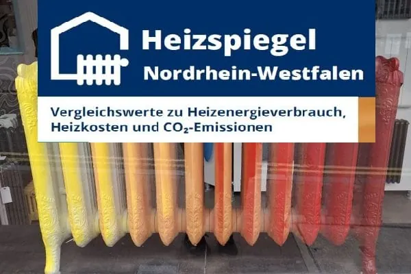 Logo Heizspiegel mit Radiator im Hintergrund gelb bis orange eingef&auml;rbt