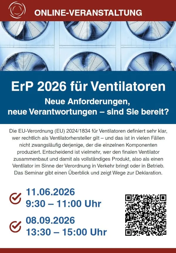 Die Online-Veranstaltung zur &Ouml;kodesign-Verordnung f&uuml;r Ventilatoren wird am 11. Juni und am 8. September 2026 angeboten.