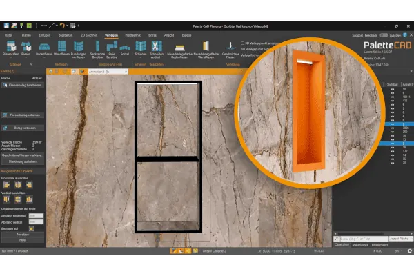 Integration eines Nischen-Sets aus Kerdi-Board mit Liprotec-LED-Technik in Palette CAD.