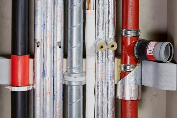 Schnitt durch Geschossdecke: haustechnische Leitungen mit Dämmung und Brandabschottung
