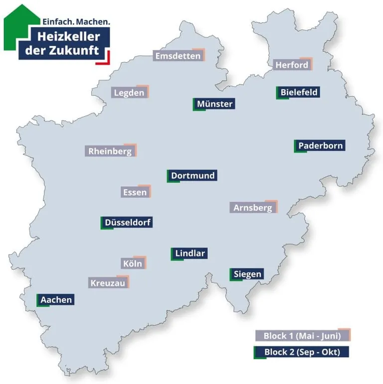 Karte mit Orten, wo der "Heizkeller der Zukunft" im September und Oktober 2026 stattfindet.