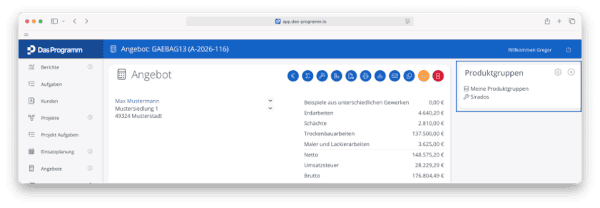 In „das Programm“ lassen sich jetzt Produktgruppen anlegen, sodass häufig benötigte Leistungen und Materialien schnell gefunden werden.