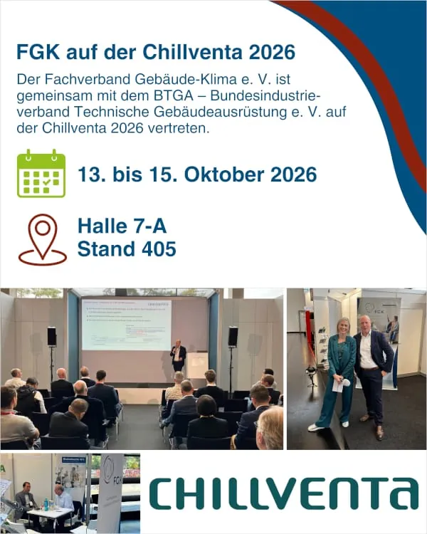 Luft-/Luft-Wärmepumpen, indirekte adiabate Kühlung in RLT-Anlagen und Ventilatoren sind die Schwerpunktthemen des FGK auf der Chillventa 2026.