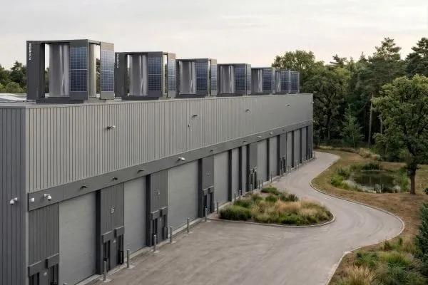 Dachwindturbinen auf dem Dach einer Fabrikhalle, KI-generiert