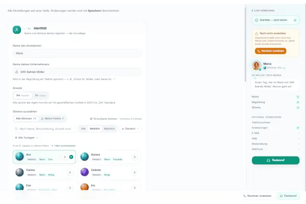 Intuitive Einrichtung: Bei Flowent lassen sich Name, Tonalität und Stimmen der KI-Telefonassistenten individuell an den Betrieb anpassen.
