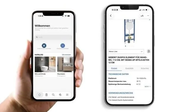 Geberit Pro Startbildschirm mit Direktzugriff auf Textsuche, Barcodescanner, Produkterkenner und Online-Produktkatalog.