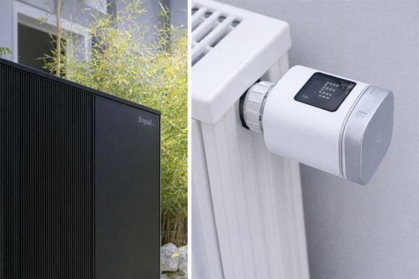 geteiltes Foto: links Wärmepumpe Enpal, rechts Thermostat von Bosch