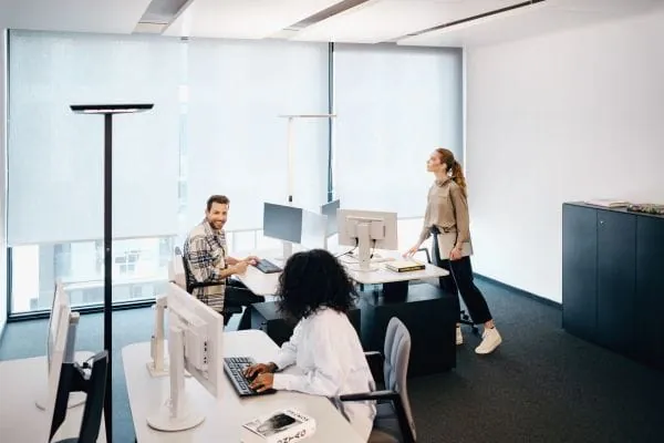Gute Beleuchtung fördert die Konzentration: Lichtbandsysteme bringen die Grundbeleuchtung ins Gruppenbüro, zusätzliches Licht auf die Schreibtische geben Stehleuchten und Jalousien schützen vor Blendung