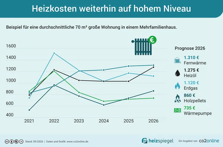 Grafik mit Kurven für Preissteigerung bei Fernwärme, Heizöl, Erdgas, Holzpellets und Wärmepumpe