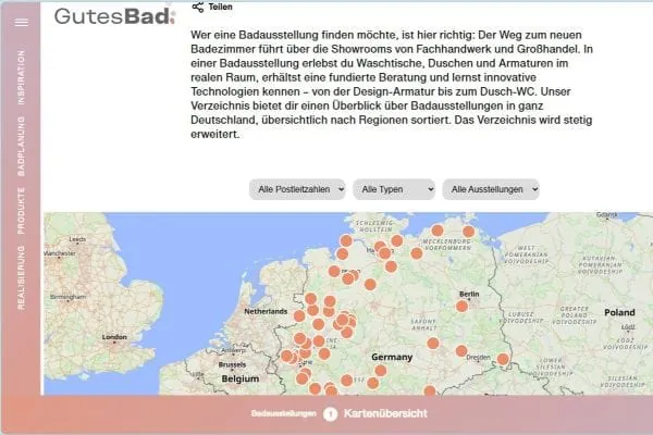 Badausstellung finden – das neue Verzeichnis für Badstudios in Deutschland der VDS bietet einen Überblick über Badausstellungen in ganz Deutschland, übersichtlich nach Regionen sortiert. Das Verzeichnis wird stetig erweitert.