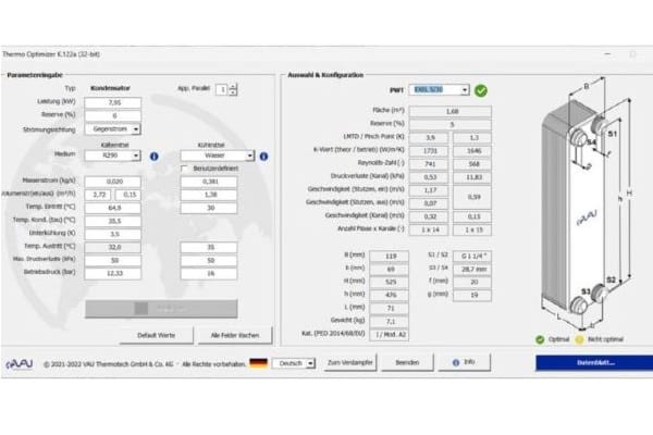 Screenshot Auslegungsprogramm für Plattenwärmetauscher